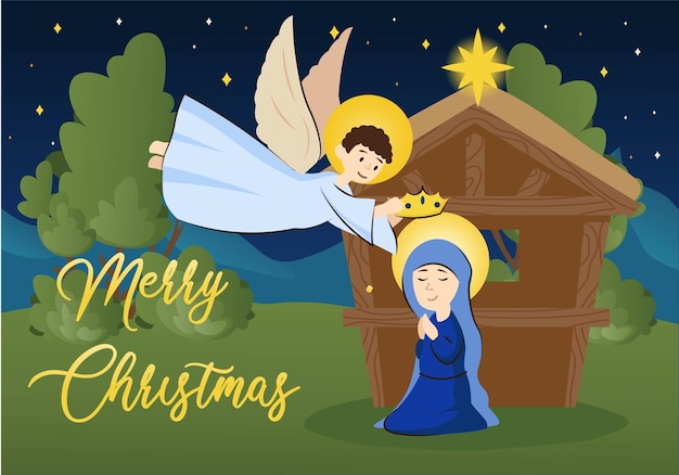 Mary and Jesus background concept with people scene in the flat cartoon style