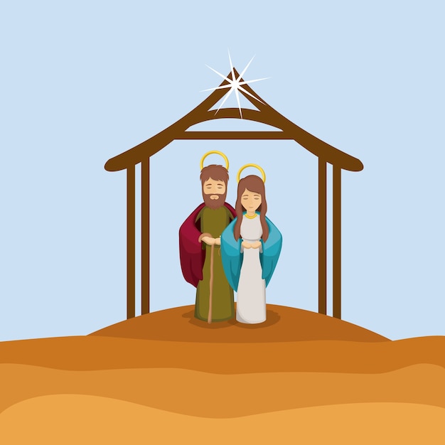 Мария и значок мультфильма. Святая семья и веселая тема рождественского сезона. Красочный дизайн. Вектор