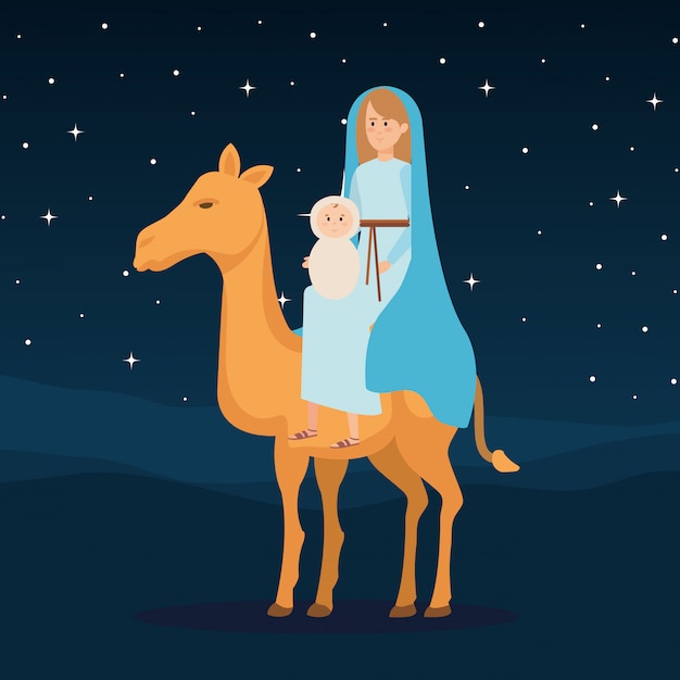 Vector mary virgin with jesus baby in camel