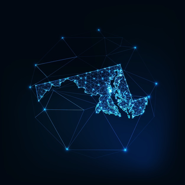 Maryland stato usa mappa sagoma incandescente contorno fatto di stelle linee punti triangoli, forme poligonali basse.