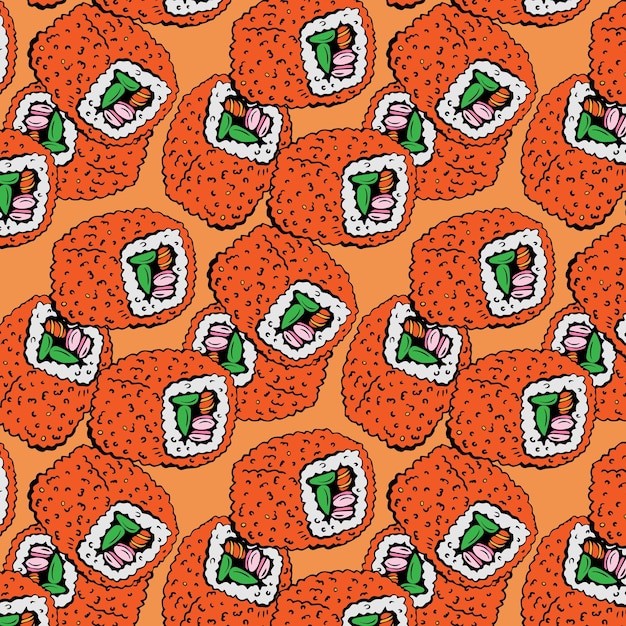 Vector masago seamless pattern with orange sushi isolated on white background