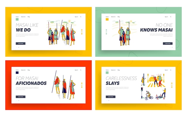 Masai African Tribe, Characters Carelessness with Smartphones Landing Page Template Set.