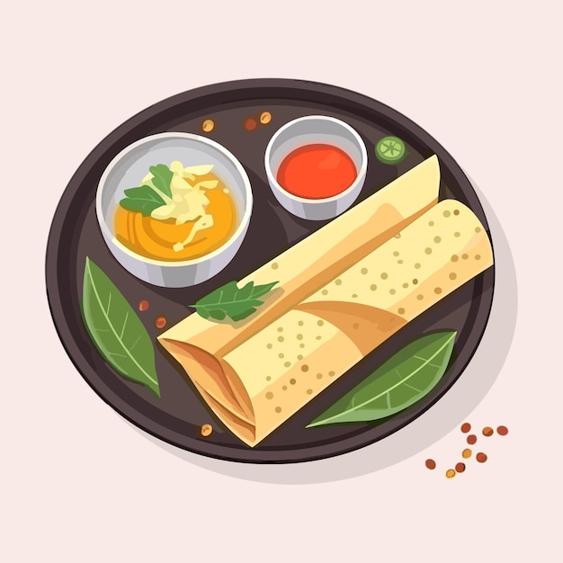 Vector masala dosa indian traditional food with sambhar decorated on plate