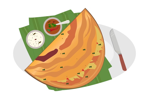 Vector masala dosa south indian traditional food with coconut chutney vector