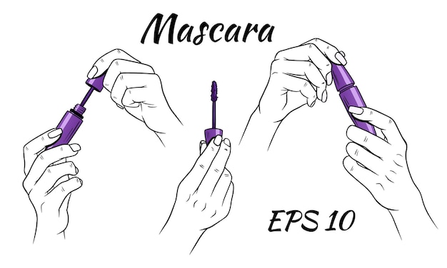 Mascara in handen. cosmetica voor vrouwen. cartoon stijl.