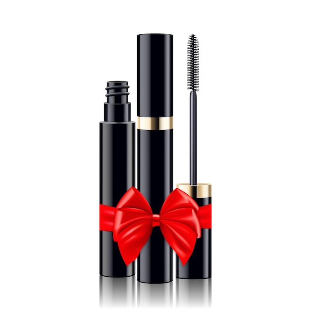 Mascara tube and eyelash brush with a red ribbon and bow isolated on white background 3D realistic mockup Present Gift Surprise concept Cosmetics vector template Use for advertising flyer