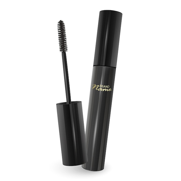 Mascara tube and a wand applicator Cosmetic black bottle with eyelash brush Isolated on white