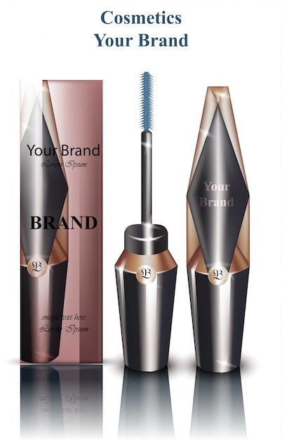 Mascara Vector realistic packaging mock up. Cosmetics brand ads. Brush and Original shape 