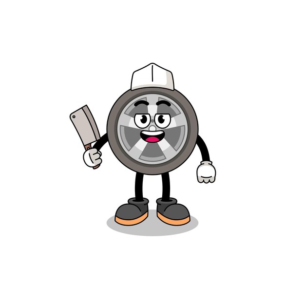 Mascot of car wheel as a butcher