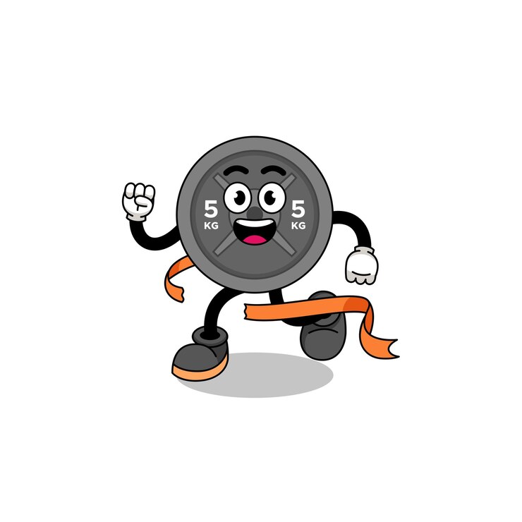 Vector mascot cartoon of barbell plate running on finish line