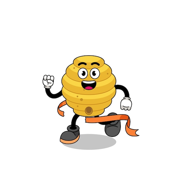 Mascot cartoon of bee hive running on finish line