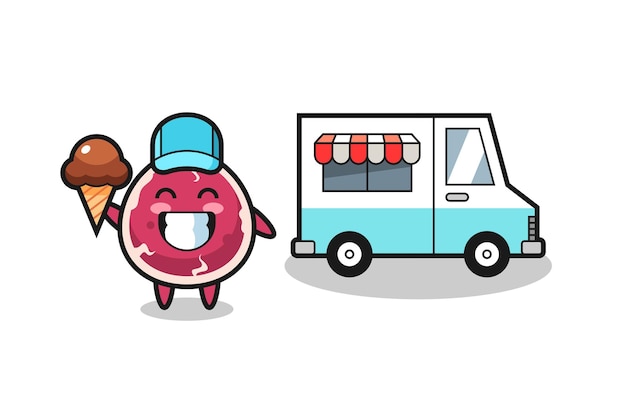 Cartone animato mascotte di manzo con camion dei gelati design in stile carino per elemento logo adesivo t-shirt Vettore Premium