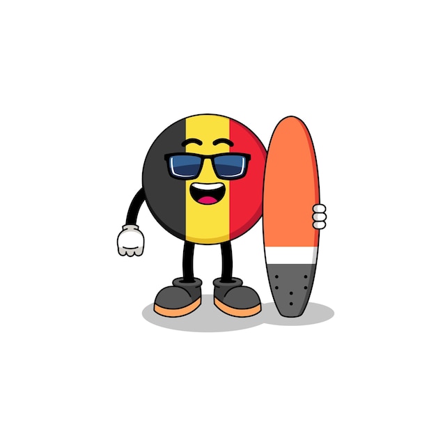 Cartoon mascotte della bandiera del belgio come surfista