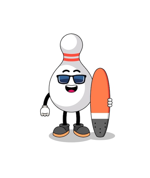 Vector mascot cartoon of bowling pin as a surfer