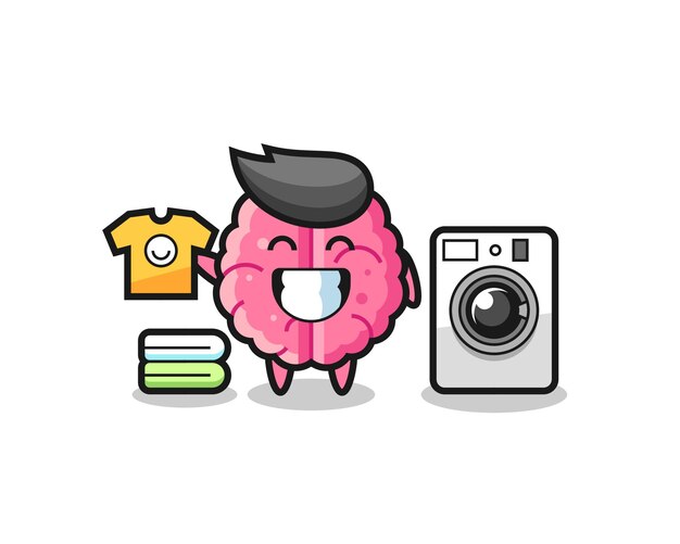 Cartone animato mascotte del cervello con lavatrice, design in stile carino per maglietta, adesivo, elemento logo