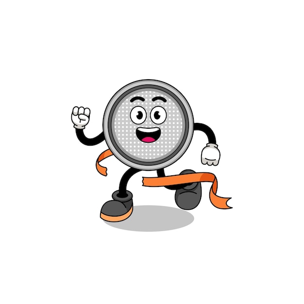 Mascot cartoon of button cell running on finish line character design