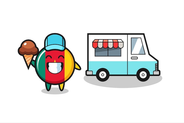 Мультфильм талисмана значка флага камеруна с грузовиком с мороженым