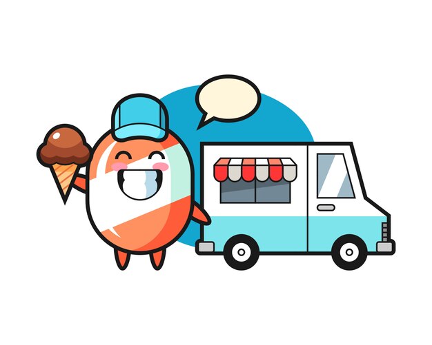 Mascotte dei cartoni animati di caramelle con camion di gelati