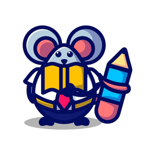 Mascot cartoon character vector illustration A mouse businessman is reading book with hold a pencil