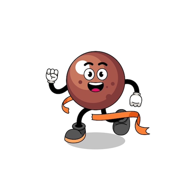 Mascot cartoon of chocolate ball running on finish line