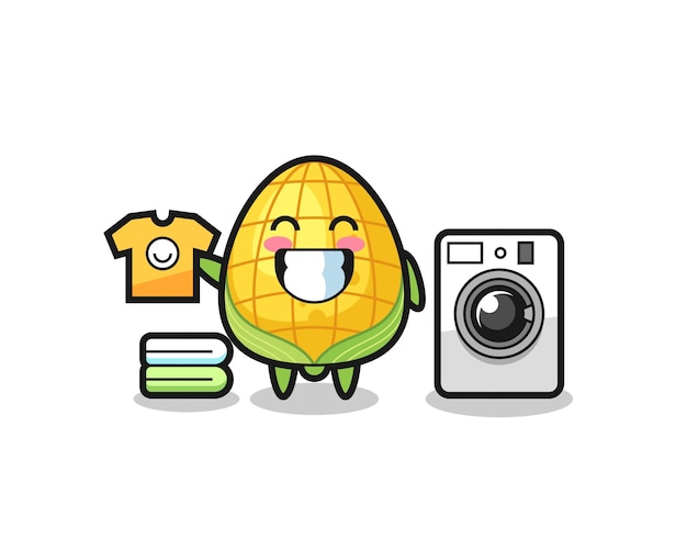 Mascot cartoon of corn with washing machine , cute style design for t shirt, sticker, logo element