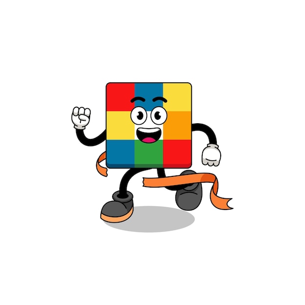 Mascot cartoon of cube puzzle running on finish line character design