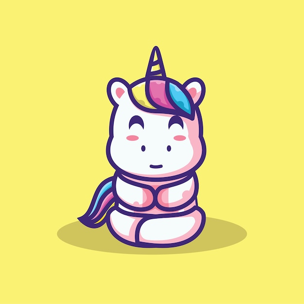 Personaggio simpatico cartone animato mascotte illustrazione vettoriale un unicorno sta meditando