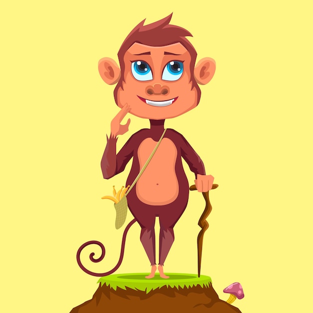 Vettore scimmia sveglia del fumetto della mascotte che sta sull'erba mentre usando un bastone di legno