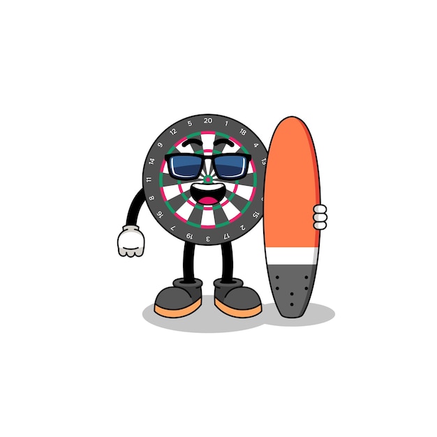 Mascot cartoon of dart board as a surfer