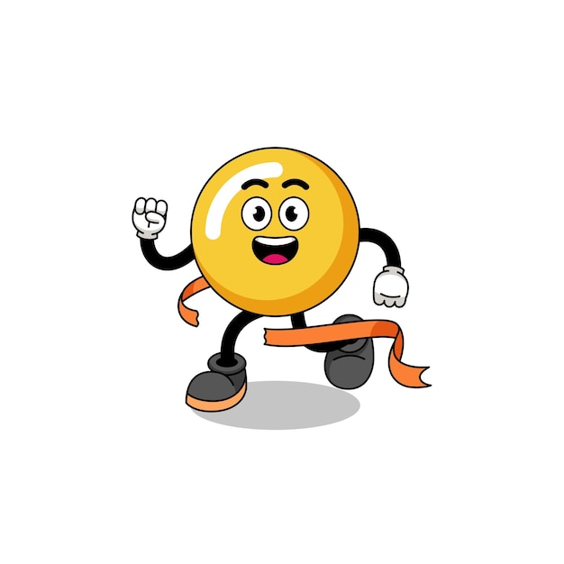 Mascot cartoon of egg yolk running on finish line