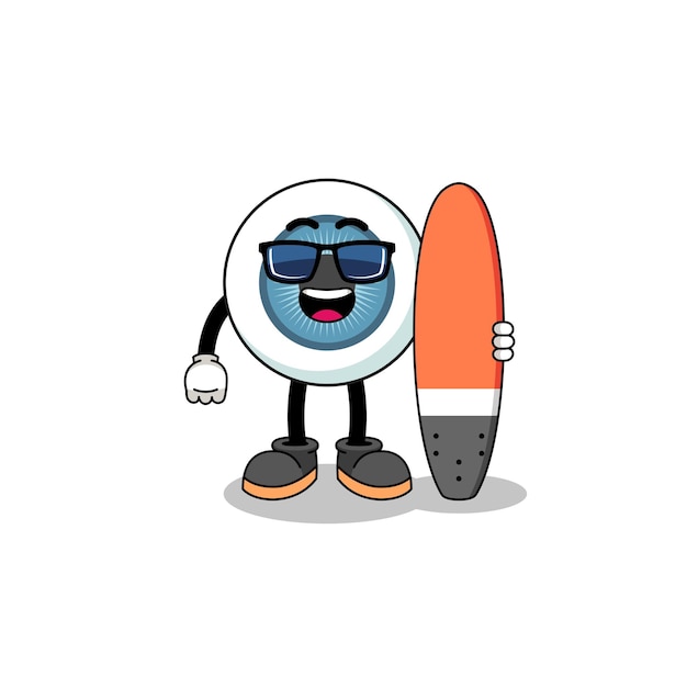 Mascot cartoon of eyeball as a surfer