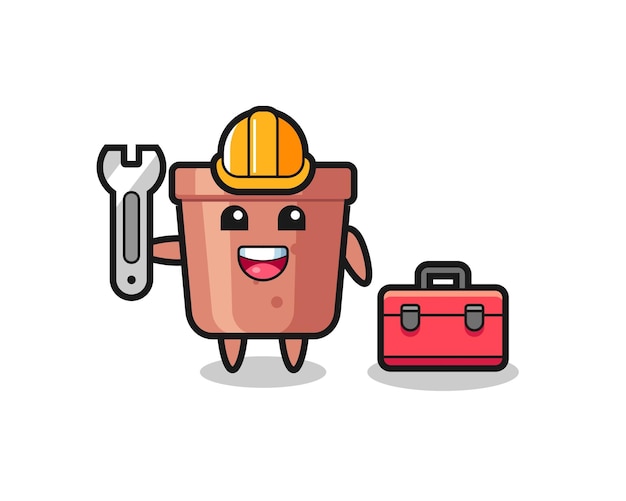 Vector mascot cartoon of flowerpot as a mechanic