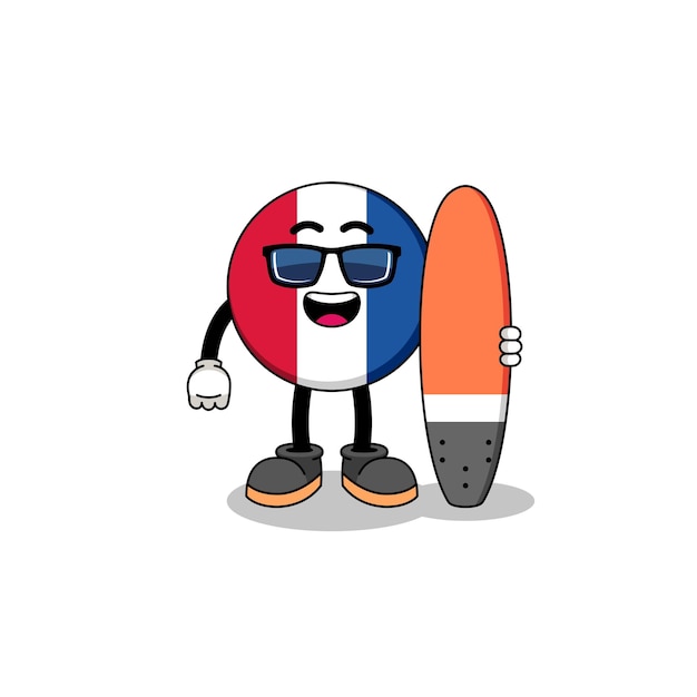 Mascot cartoon of france flag as a surfer character design