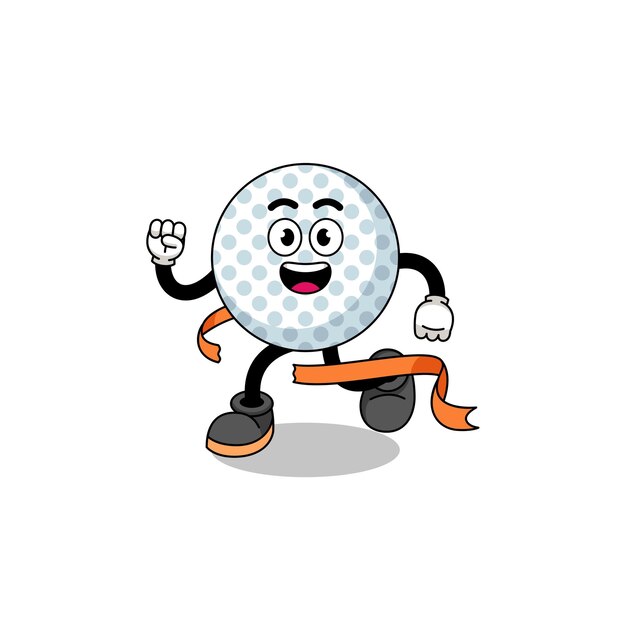 Mascot cartoon of golf ball running on finish line