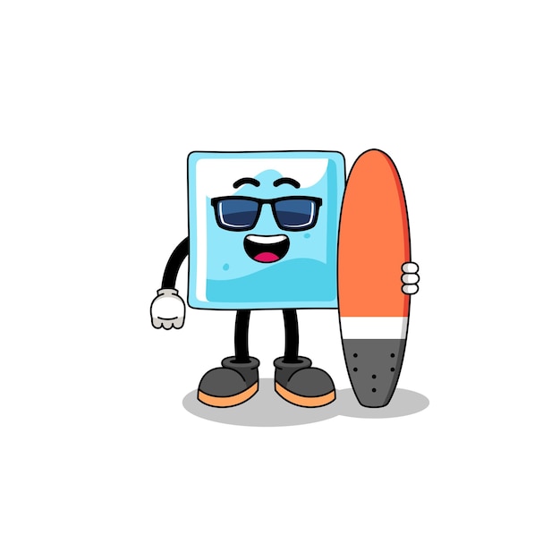 Cartoon mascotte del blocco di ghiaccio come design del personaggio di un surfista