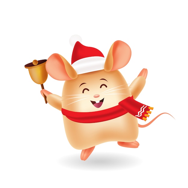 Vector mascot cartoon illustration. cute mouse with christmas hat holding ring bell. isolated background.