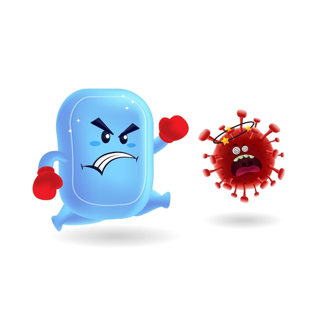 Vettore mascotte cartoon illustration_cute soap vs red covid-19 corona virus_isolated