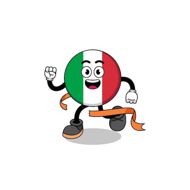 Cartoon mascotte della bandiera dell'italia in esecuzione sul design del personaggio del traguardo