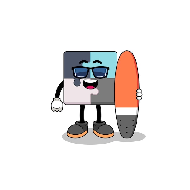 Mascot cartoon of jigsaw puzzle as a surfer character design