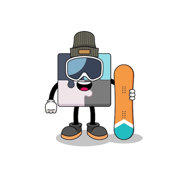 Vector mascot cartoon of jigsaw puzzle snowboard player character design