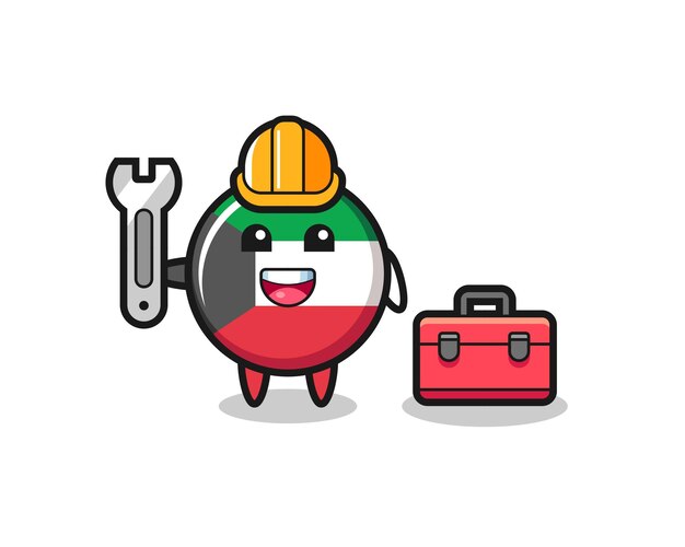 Mascot cartoon of kuwait flag badge as a mechanic , cute design