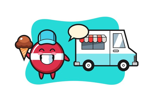 Cartone animato mascotte della bandiera della lettonia distintivo con camion dei gelati
