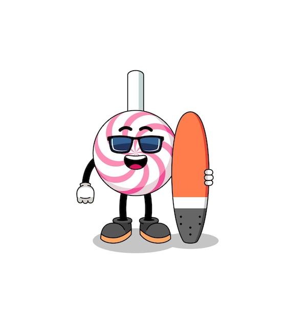 Mascot cartoon of lollipop spiral as a surfer