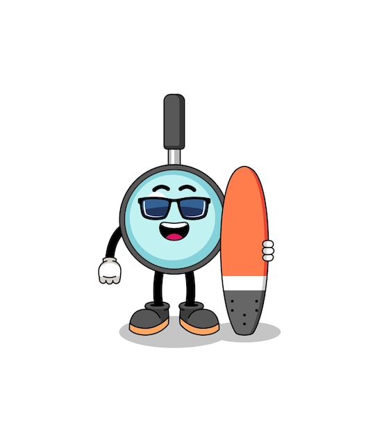 Mascot cartoon of magnifying glass as a surfer