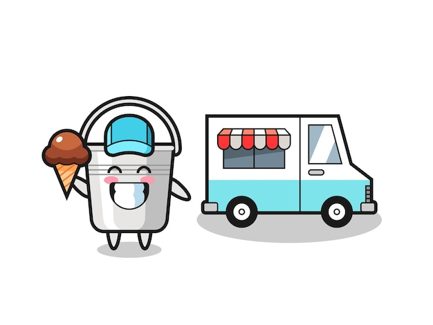 Vector mascot cartoon of metal bucket with ice cream truck