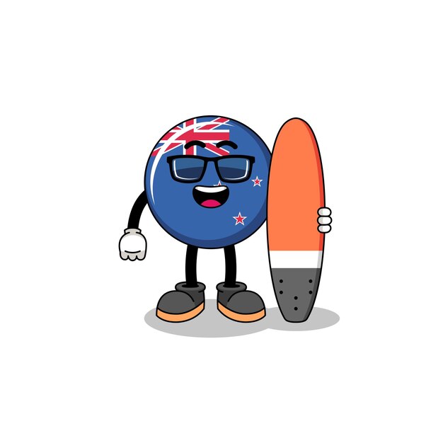 Mascot cartoon of new zealand flag as a surfer