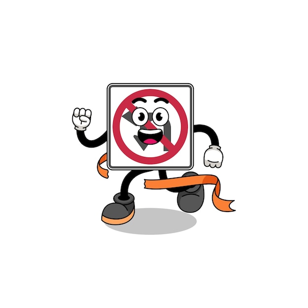 Mascot cartoon of no left or U turn road sign running on finish line