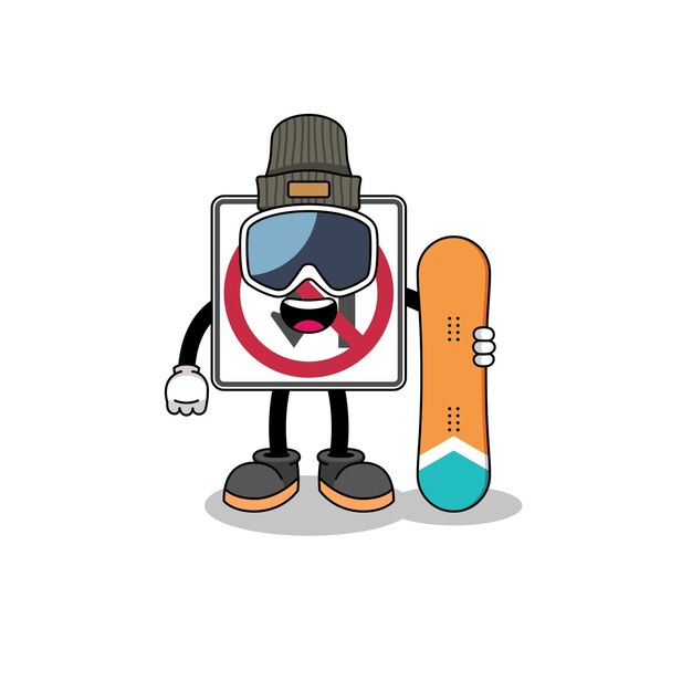 Vector mascot cartoon of no left or u turn road sign snowboard player