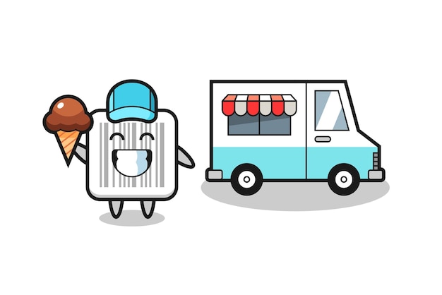 Карикатура на талисман штрих-кода с грузовиком с мороженым