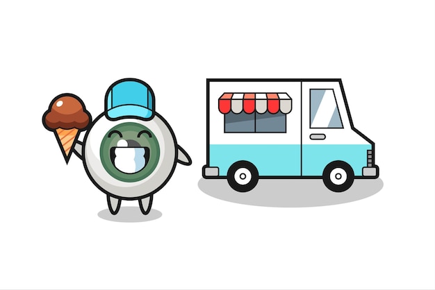 Вектор Мультфильм талисмана глазного яблока с грузовиком с мороженым